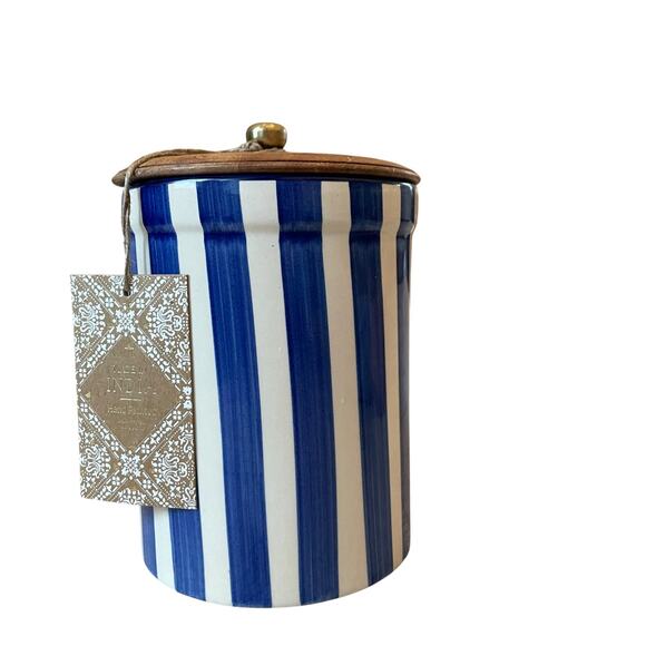 Hand Painted Striped Ceramic Canister w/ Wood Lid Made in India Blue Cream 8" - Picture 11 of 15